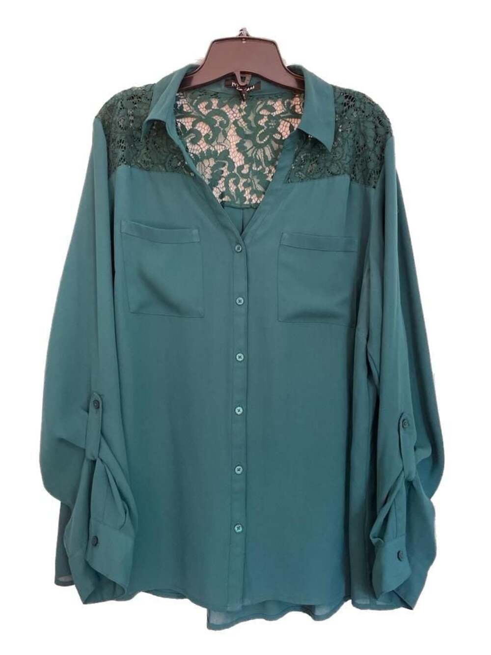 Roz & Ali Teal Lace Yoke Roll-Tab Sleeve Button Down Blouse Size 2X